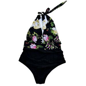 New Cupshe Lost Butterfly Shirring Black Halter One Piece Swimsuit Size 1X